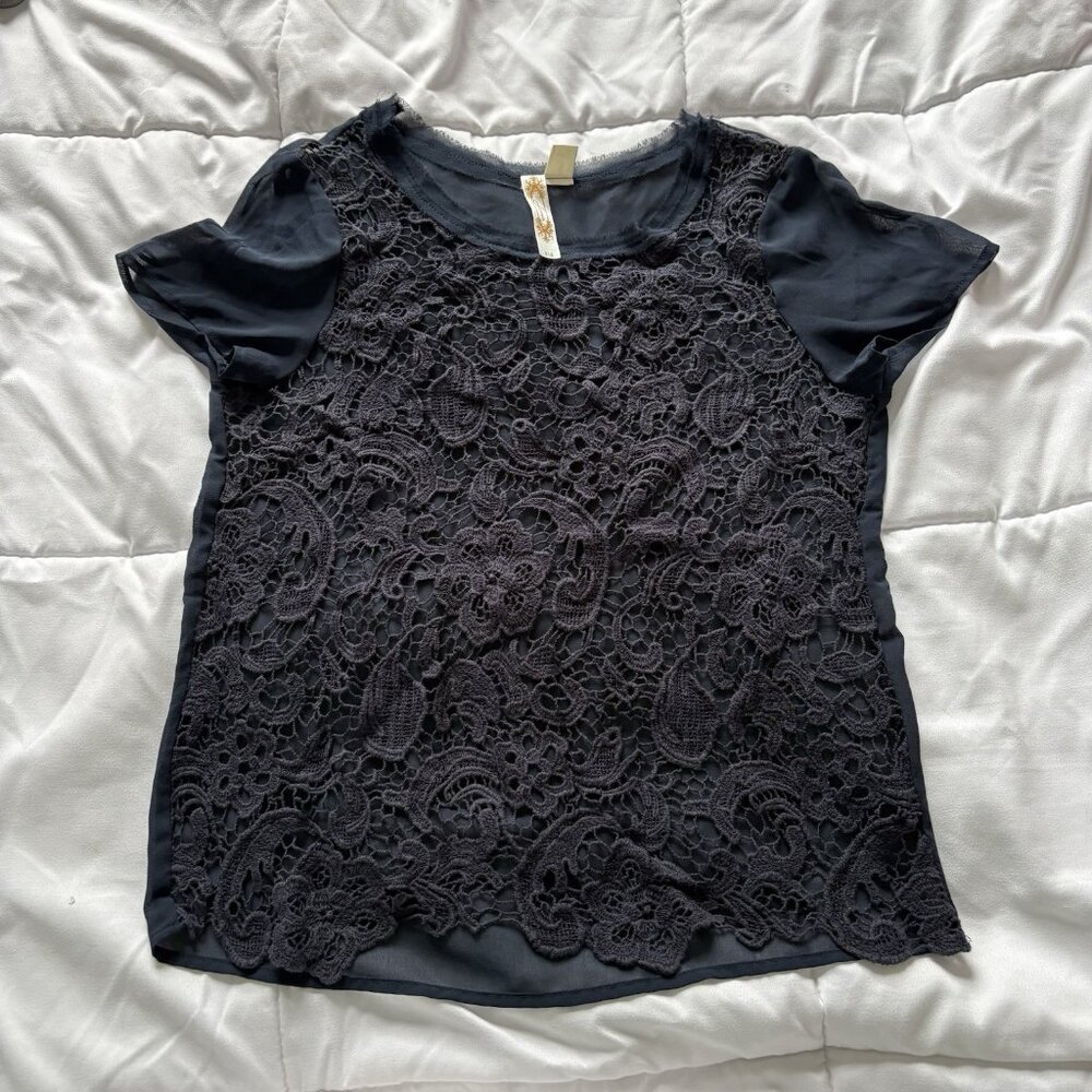 Adiva Sheer‎ Lace Overlay Navy Blue Top Blouse Womens Size Small Vintage Y2K 90s